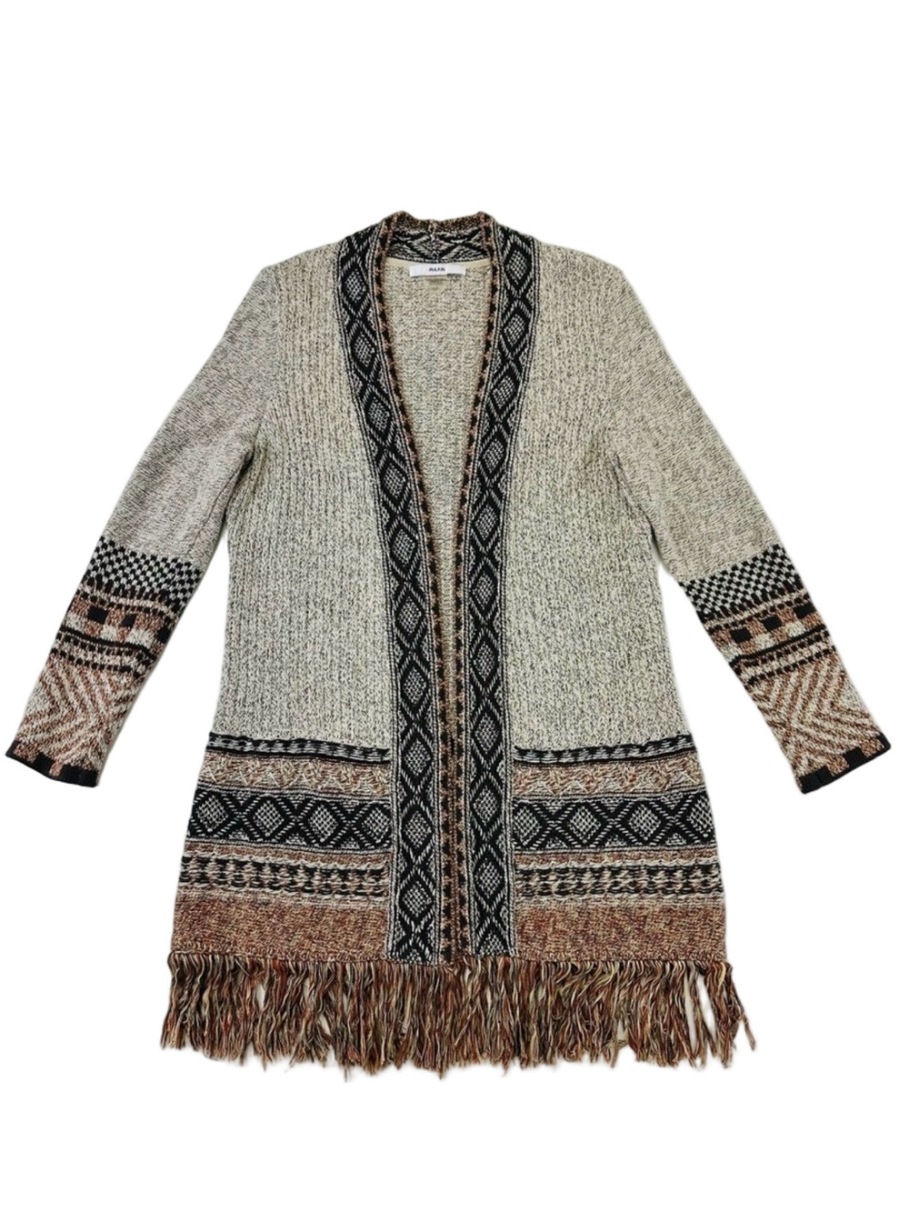 Alia long line fringe cardigan Womens Small open southwest casual brown grey